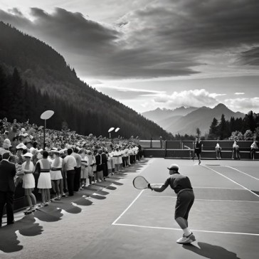 immagine in bianco e nero vintage di un giocatore in un campo da tennis in procinto di colpire una palla